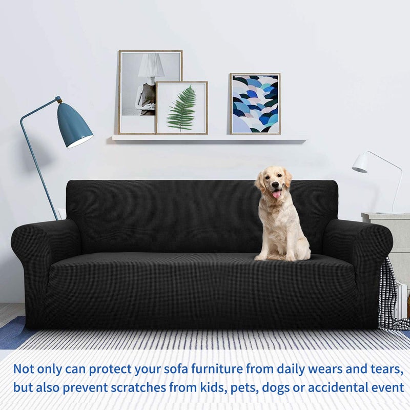 MAXIJIN Super Stretch Couch Cover for 3 Cushion Couch, 1-Piece Universal Sofa Covers Living Room Jacquard Spandex Furniture Protector Dogs Pet Friendly Fitted (Large, Black) - Image 2